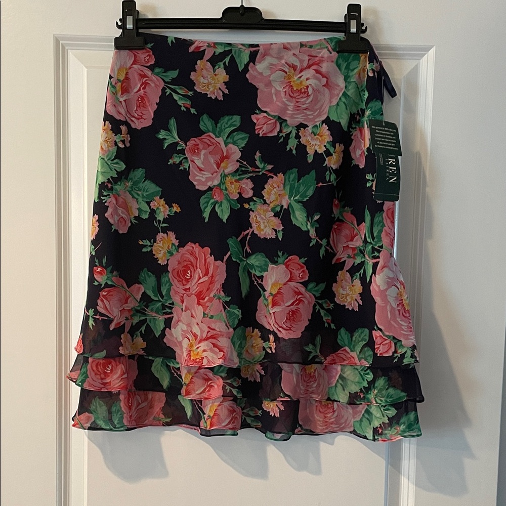 Lauren Ralph Lauren Floral  100 % silk A-Line Skirt - Pink and Green on Navy